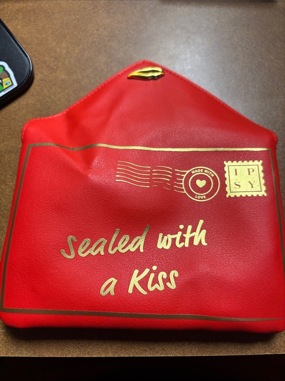 ipsy Red Cosmetic Pouch with Gold Accents